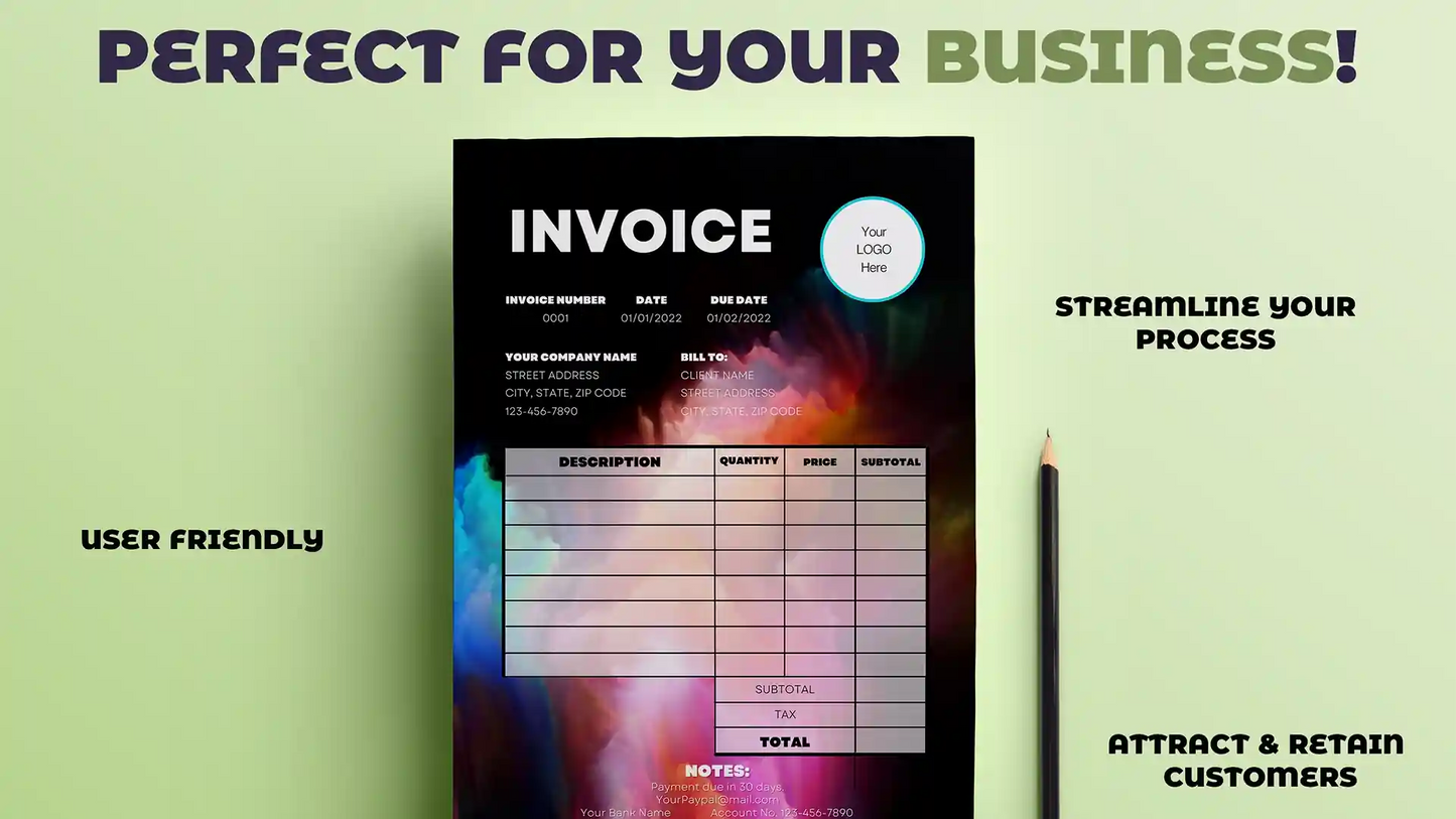 Creative Rainbow Invoice Template Word/ Canva Business Stationery Bundle
