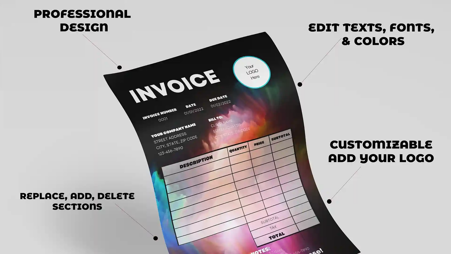 Creative Rainbow Invoice Template Word/ Canva Business Stationery Bundle