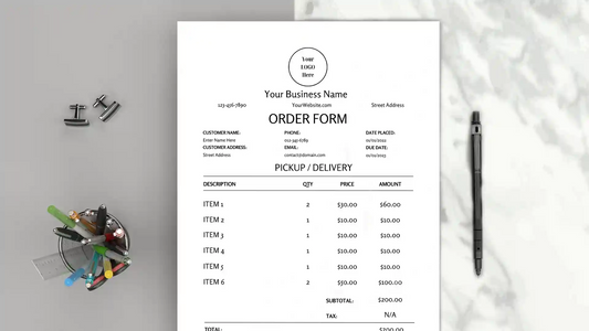Professional Minimal Business Order Form Template Word/Canva