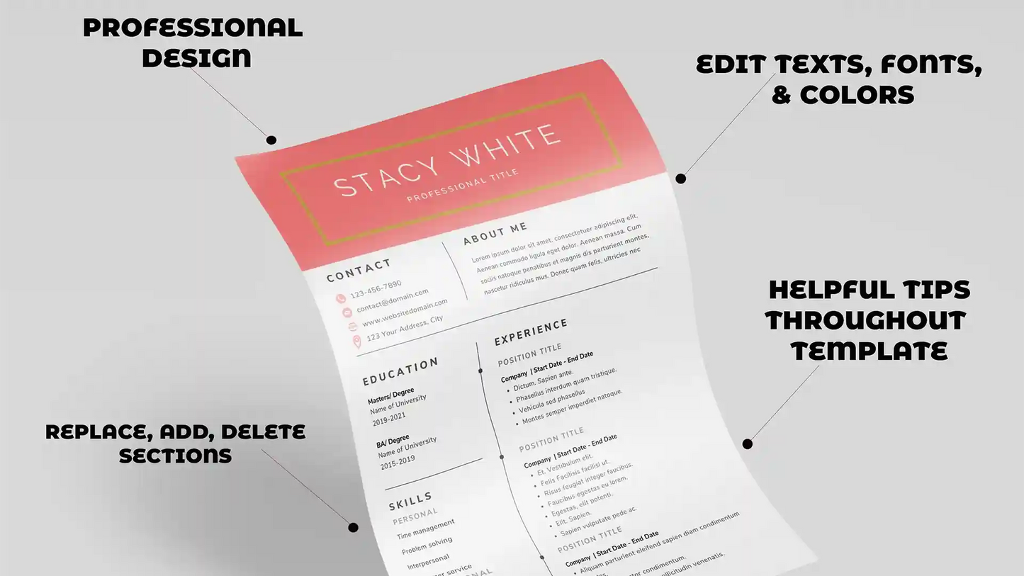Creative Pink Resume CV Template Word Google Docs Lebenslauf Vorlage
