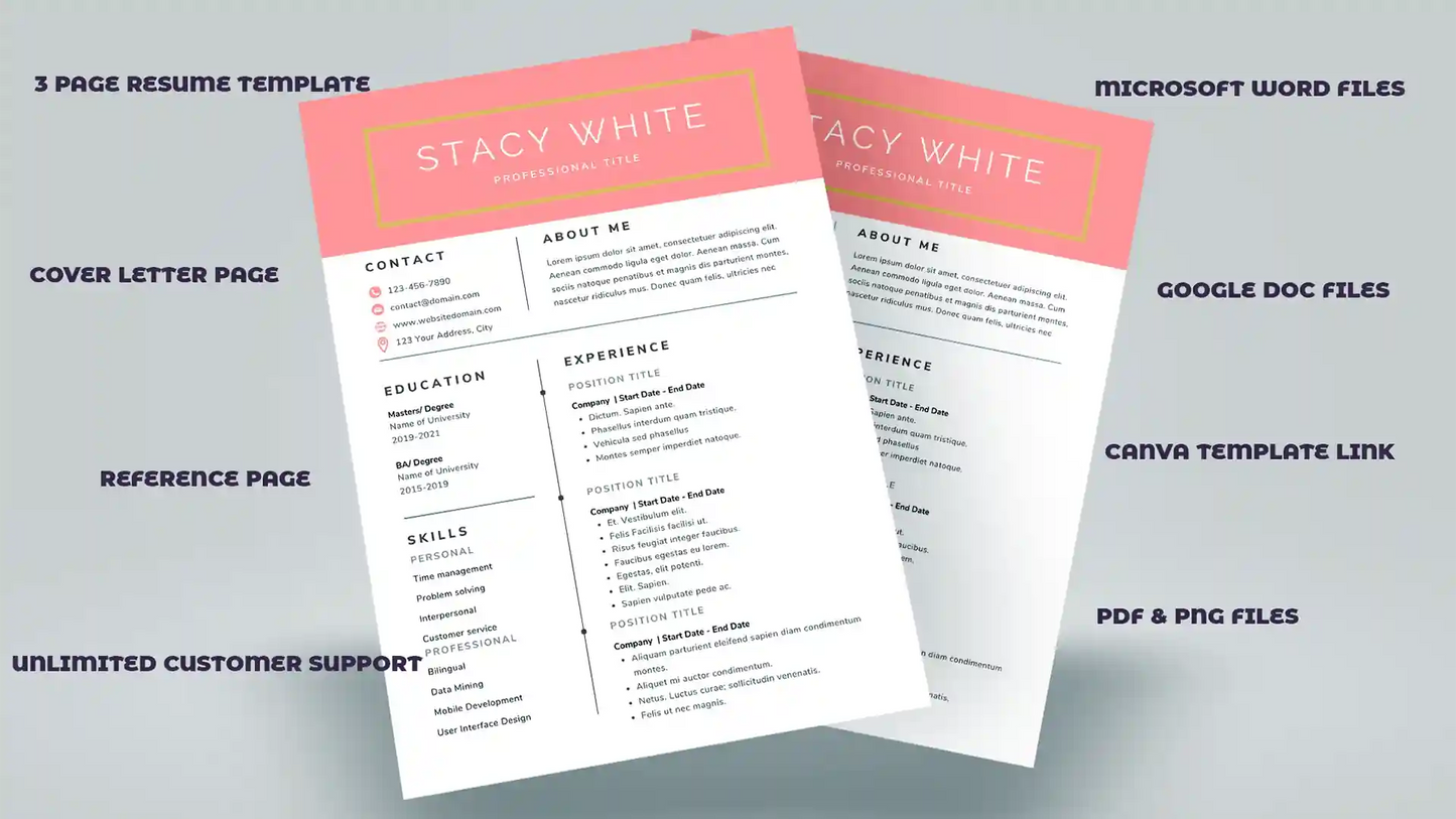 Creative Pink Resume CV Template Word Google Docs Lebenslauf Vorlage
