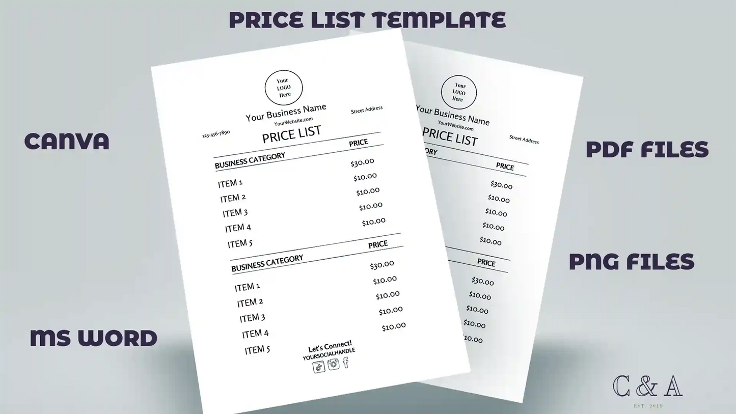 Professional Minimal Business Price List/ Line Sheet Template