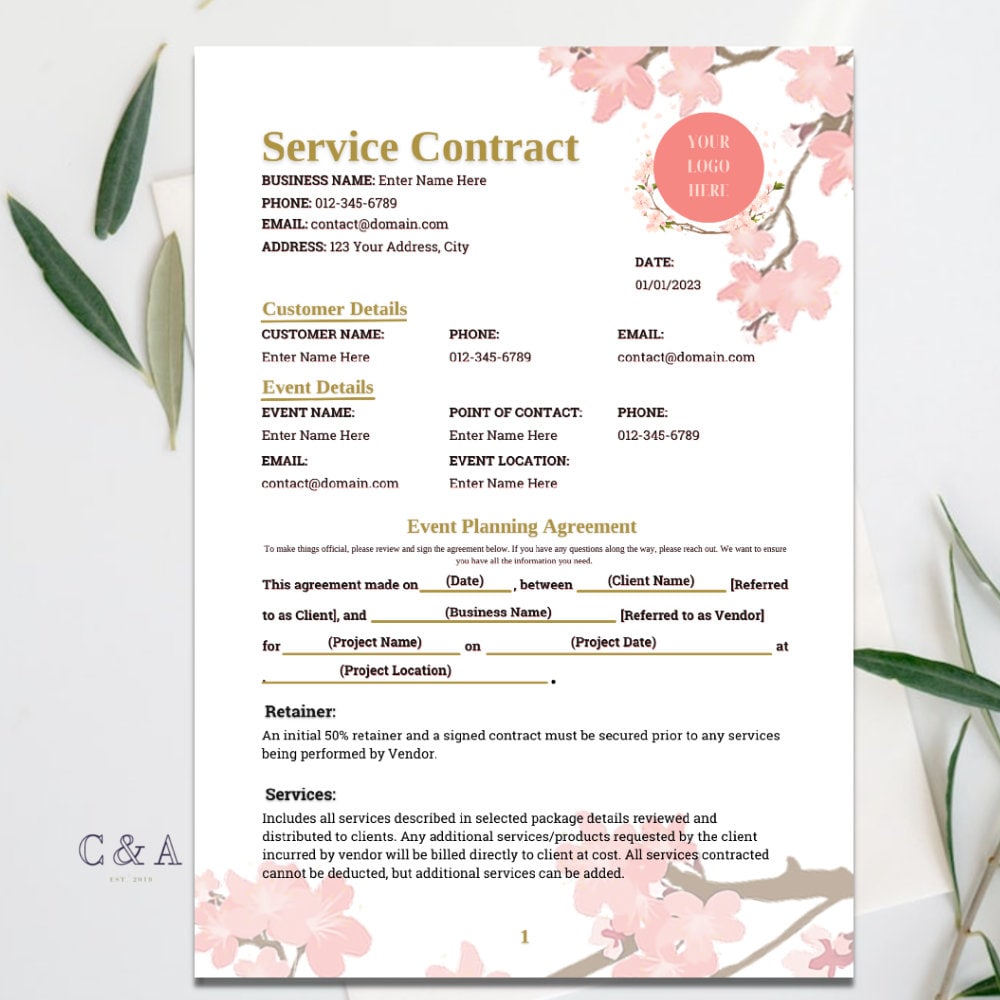 Floral Service Contract Agreement Template for Florists, Event & Wedding Planner Small Businesses