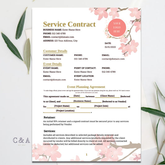 Floral Service Contract Agreement Template for Florists, Event & Wedding Planner Small Businesses