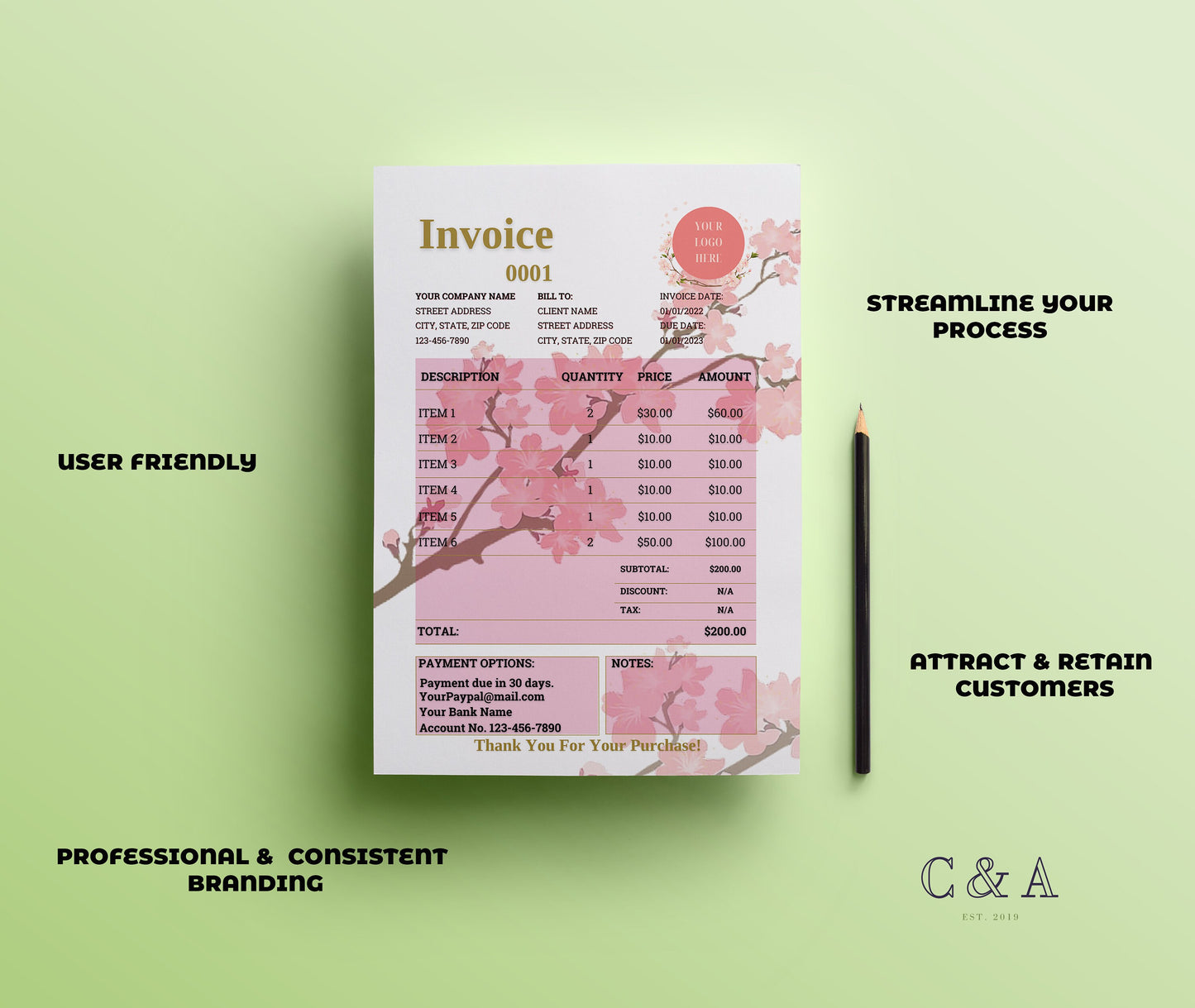 Floral Invoice Template Word/Google Docs for Florists, Event & Wedding Planner Small Businesses