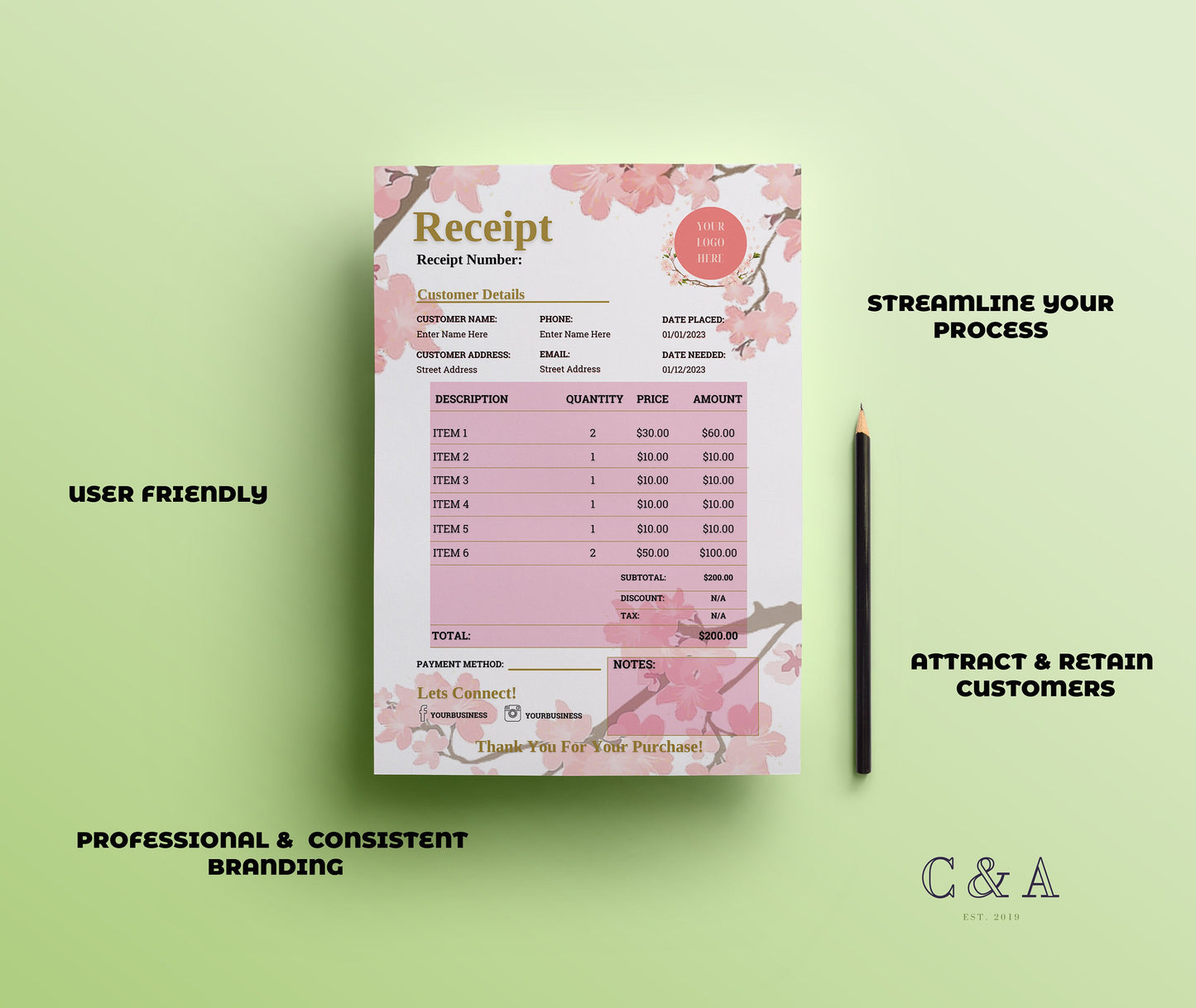 Floral Receipt Template Word/Canva for Florists, Event & Wedding Planner Small Businesses
